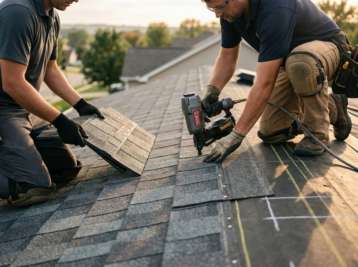 Professional roofer working on a residential roof in Briar Chapel